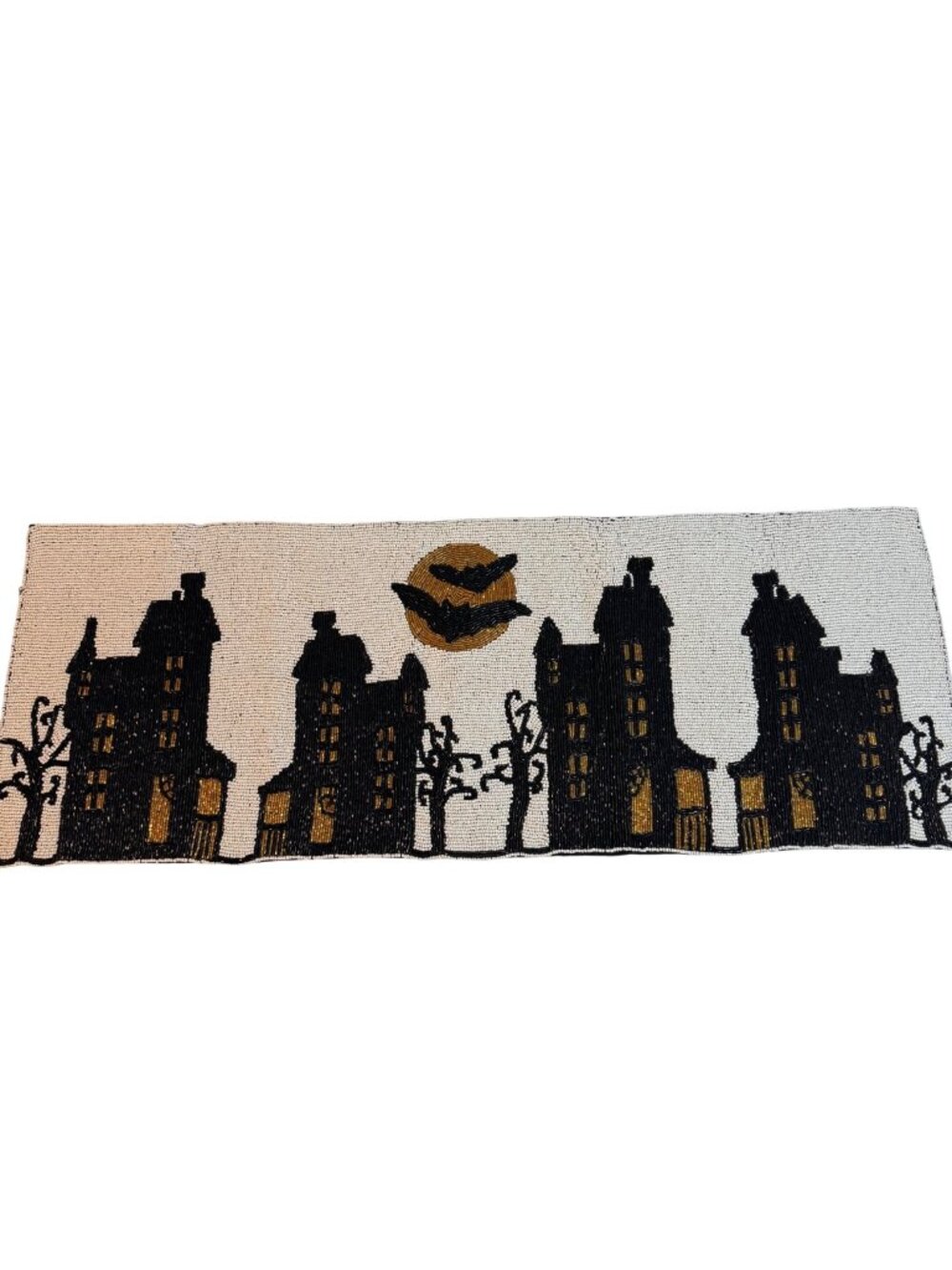 Tahari Luxury Beaded Halloween Haunted House Table Runner 13"x36" With Bats & Fu